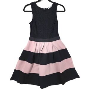 Speechless Black Sleeveless Lace Fit & Flare Dress Pink Stripes Box Pleats Jrs M